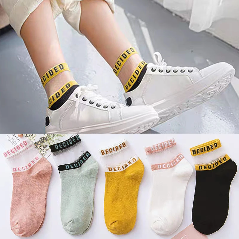 1 Pair Summer Woman Socks Letter Patterned Transparent Breathable Ultra Thin Short Ankle Socks Female Sox Calcetines De La Mujer