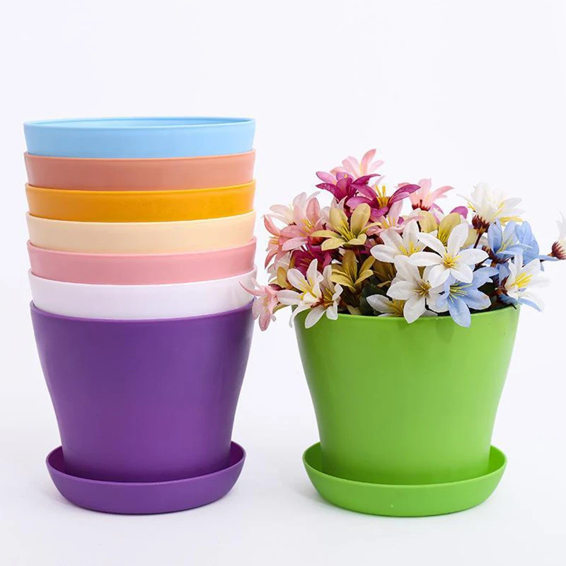 1pc Flower Pot Colorful Durable Resin Plant Flower Pot Gloss Planter Home Garden Decoration with a Saucer Tray Drainage Holes