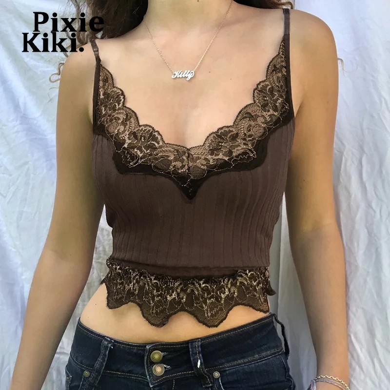 PixieKiki Lace Patchwork Brown Crop Top Y2k Clothes Fairy Grunge Style Cropped Tees Cami Ribbed Knitted Tank Tops P67-BB10