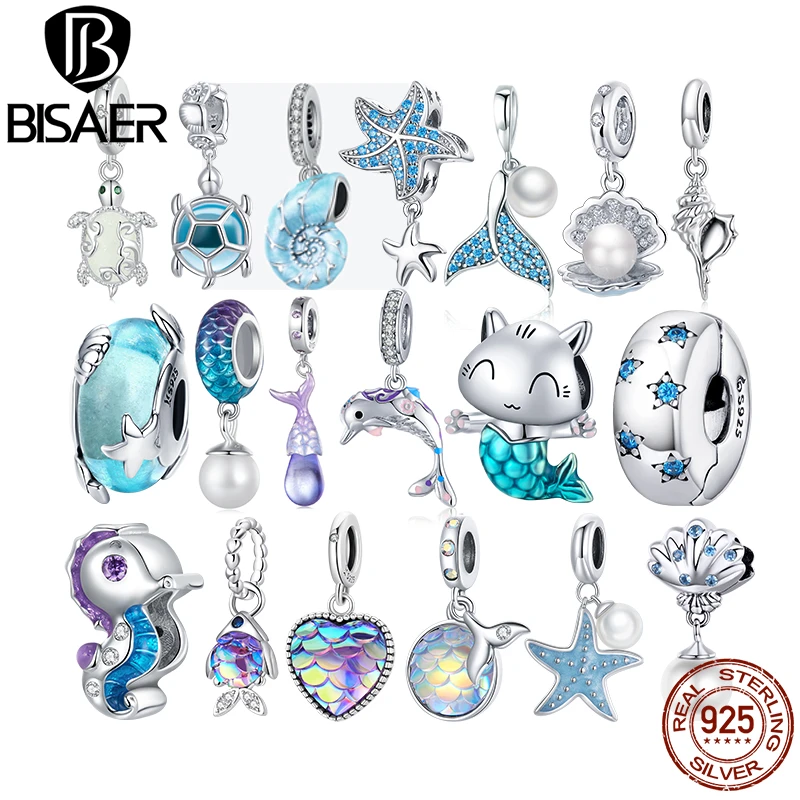 BISAER 925 Sterling Silver Ocean Style Fish Dolphin Mermaid Shell Beads Blue CZ Charms For Original DIY Bracelet Jewelry EFC242