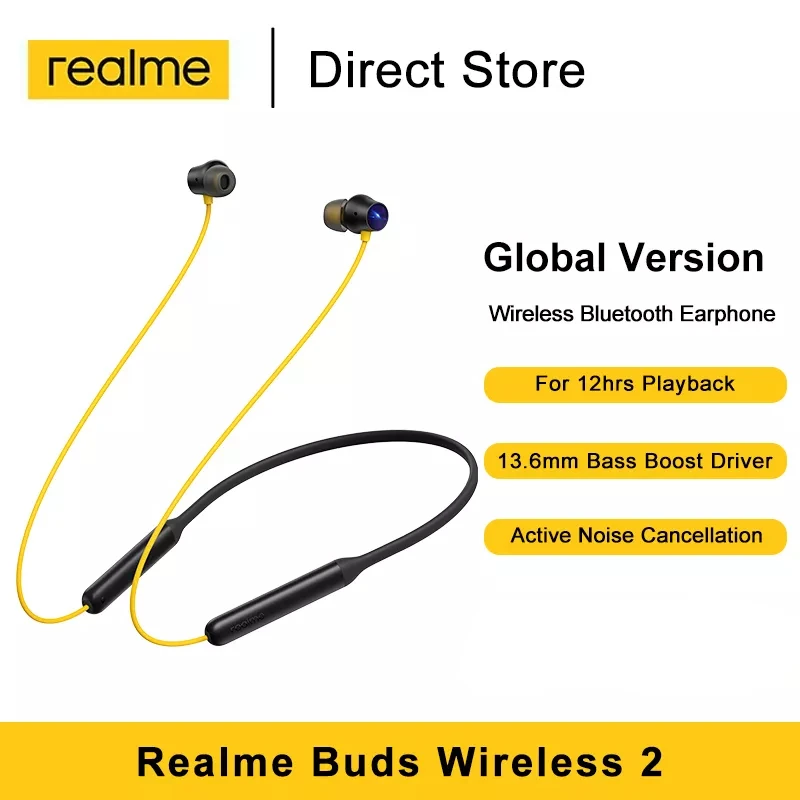 Realme Buds Wireless 2 Bluetooth Eearphone Active Noise Cancellation 12H Battery Life Bass Boost Driver IPx5 Music Sport Earbuds