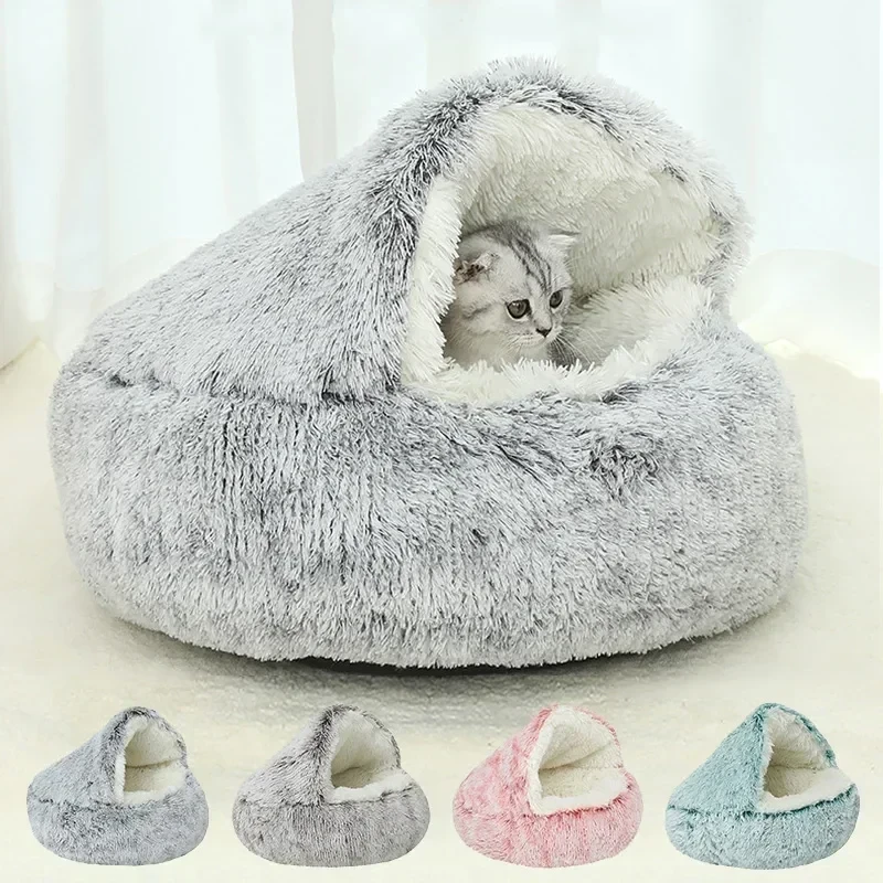 2021 Winter Long Plush Pet Cat Bed Round Cat Cushion Cat House Warm Cat Basket Cat Sleep Bag Cat Nest Kennel For Small Dog Cat