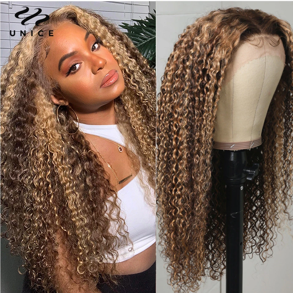 Unice 13x4 Highlight Lace Front Human Hair Wigs 5x5 HD Transparent Lace Frontal Wig Pre-Plucked 4x4 Curly Hair Lace Closure Wig