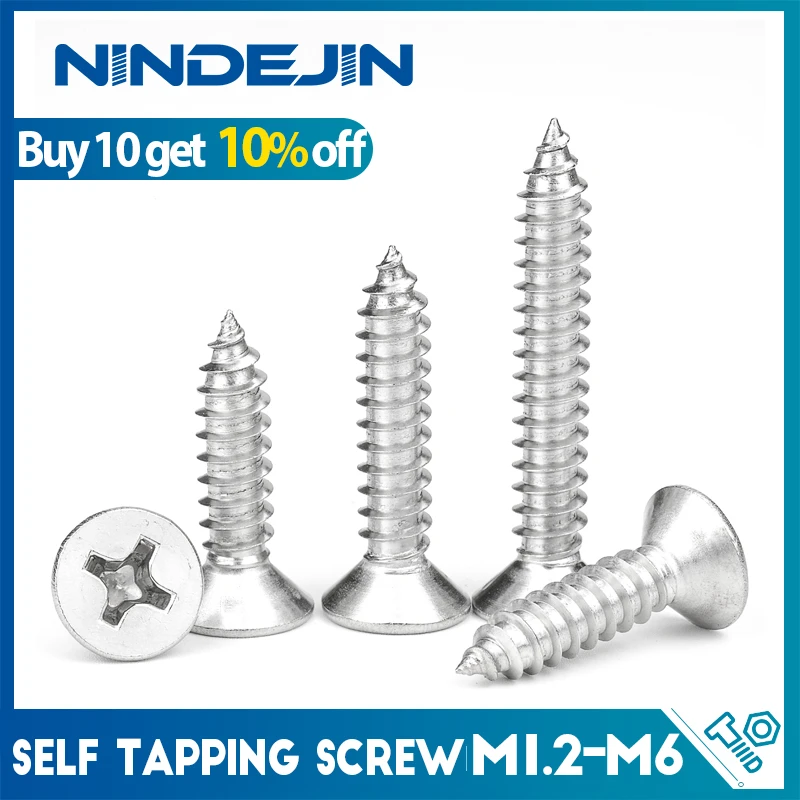 Cross Flat Head Self-tapping Screws M1.2 M1.4 M1.7 M2 M2.3 M2.6 M3 M3.5 M4 M5 M6 Stainless Steel Phillips Screws Furniture Screw