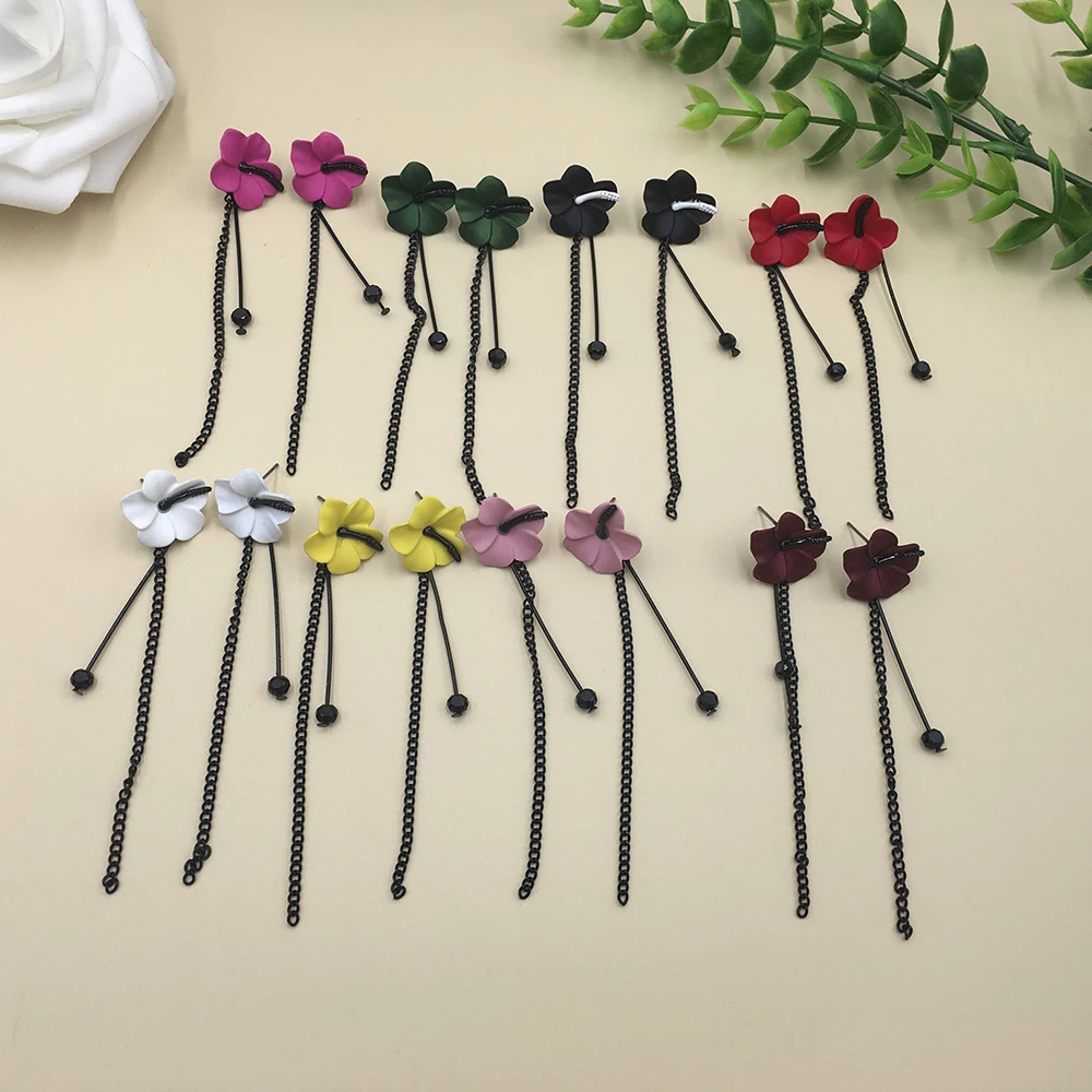 Korean Style Colorful Flower Earrings For Women Girls Black Long Tassel Earrings Red Yellow Stud Earrings Wedding Party Gifts