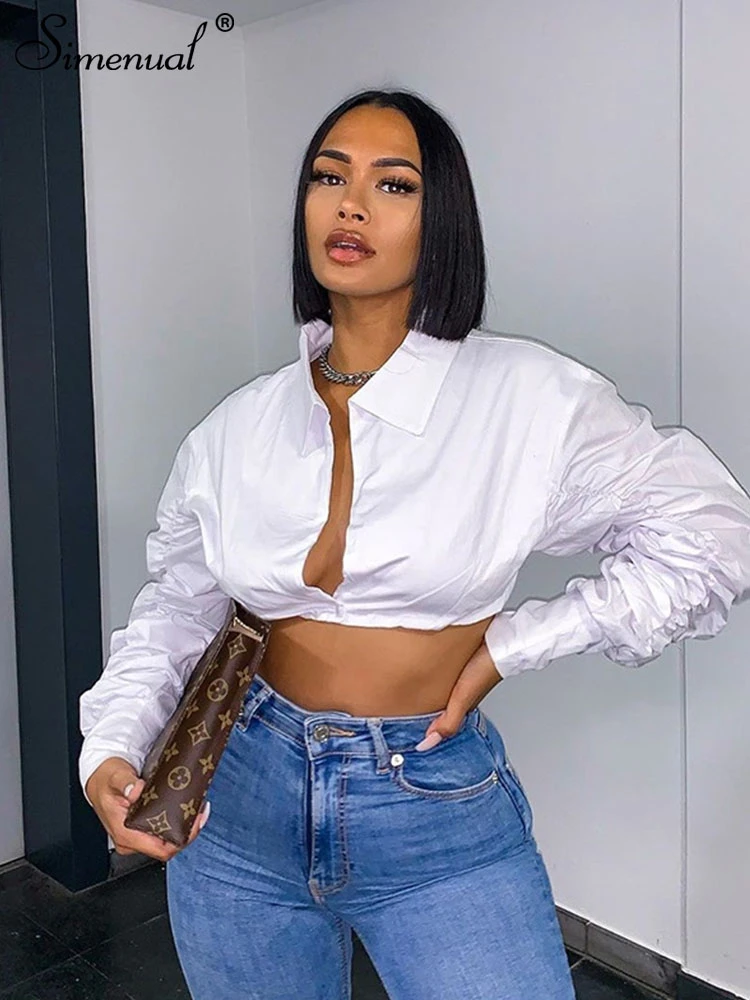 Simenual Button Ruched White Puff Sleeve Blouse Shirts Women Long Sleeve Fashion Fall 2021 Clothing Crop Blouses Solid Baddie