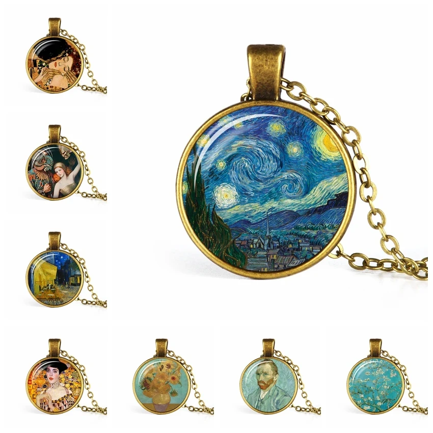 Vintage Jewelry Van Gogh Starry Night Gustav Klimt The Kiss Art Painting Glass Cabochon Pendant Choker Necklace for Women Gift