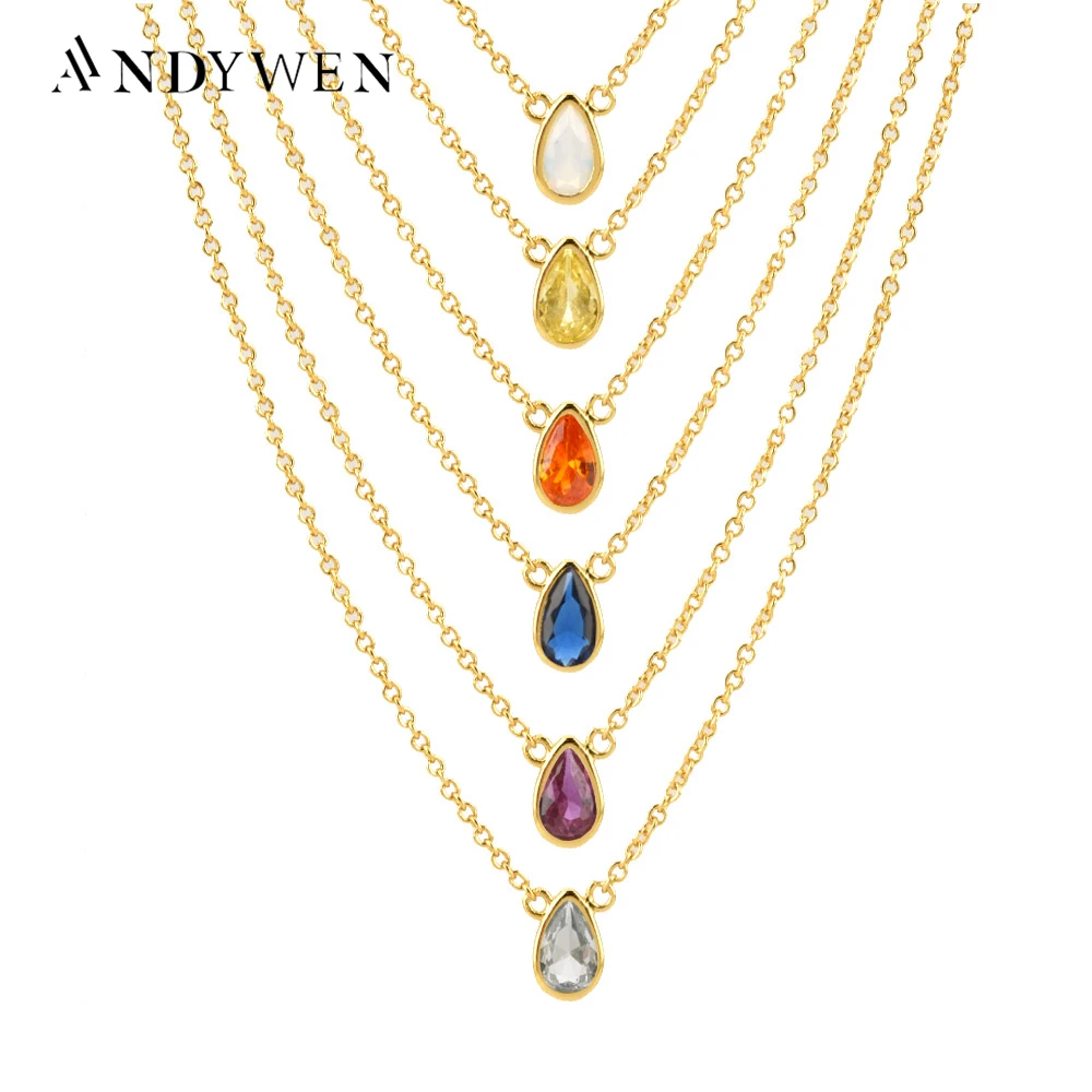ANDYWEN 925 Sterling Silver 7 Colors Rainbow Colorful Ovals Zircon Charms Pendant Necklace 2021 Women Luxury Jewelry Choker