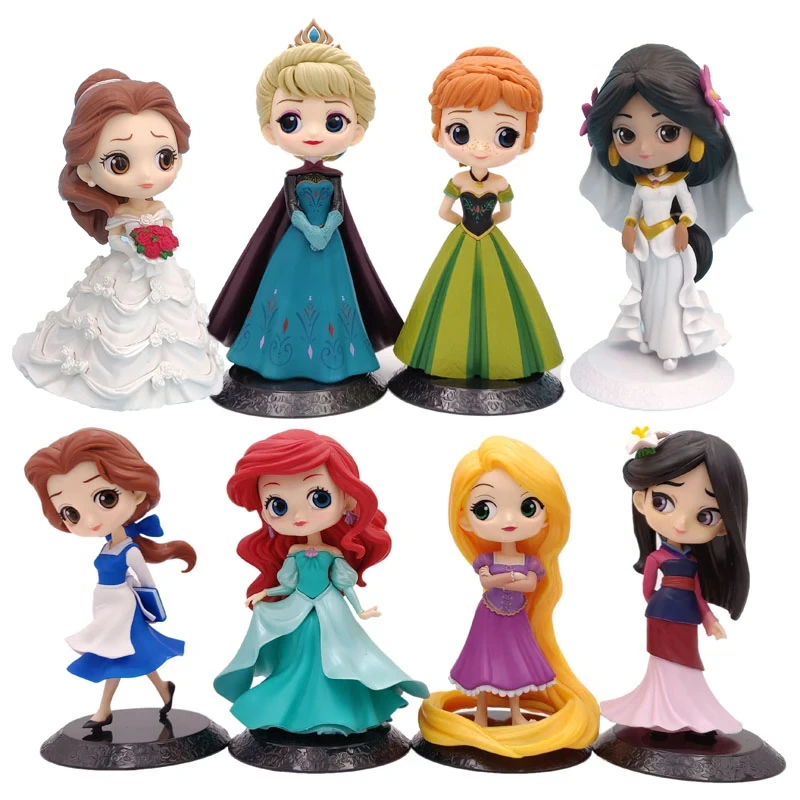 Bandai Q Posket Disney Princesses Figures Mulan Ariel Tinker Bell Elsa Belle 14cm Doll Toy Cake Topper Car Decoration Model
