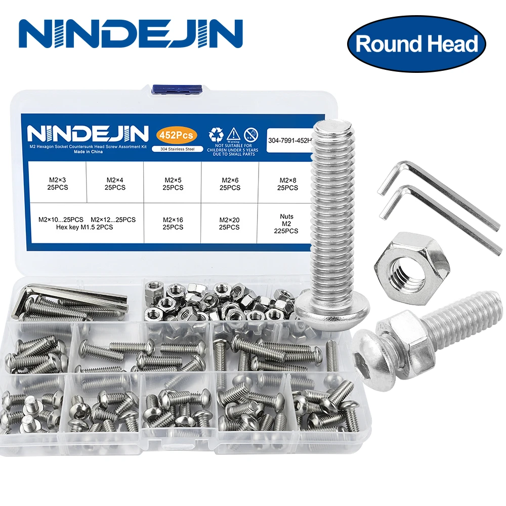 NINDEJIN round head hex hexagon socket screw set m2 m2.5 m3 m4 m5 m6 304 stainless steel allen head screw bolt and nut kit