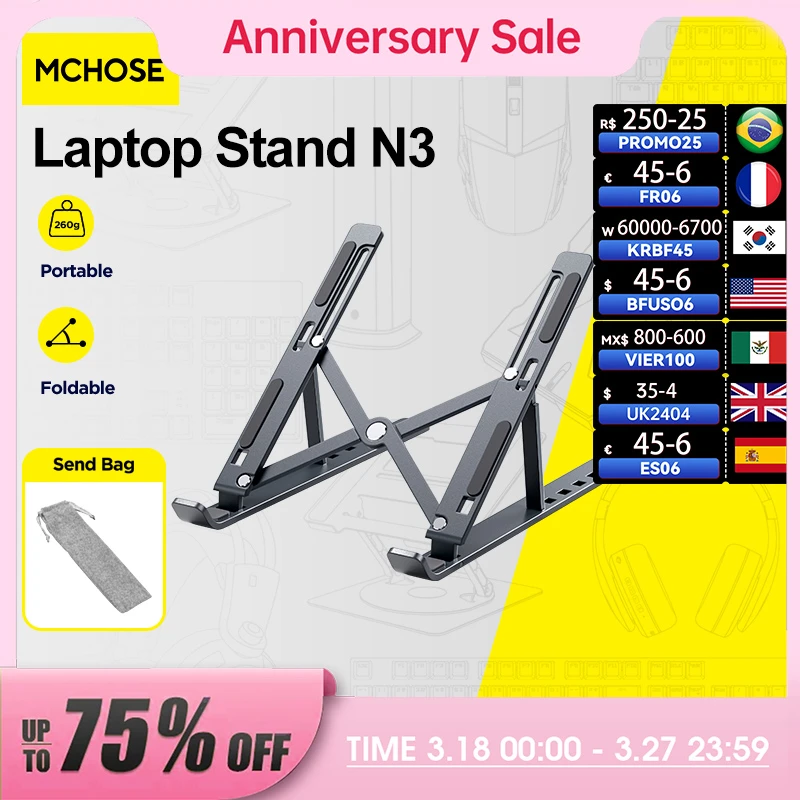 MC N3 Portable Laptop Stand Aluminium Foldable Stand for Laptop Computer Accessories Compatible with 10 to 15.6 Inches Laptops