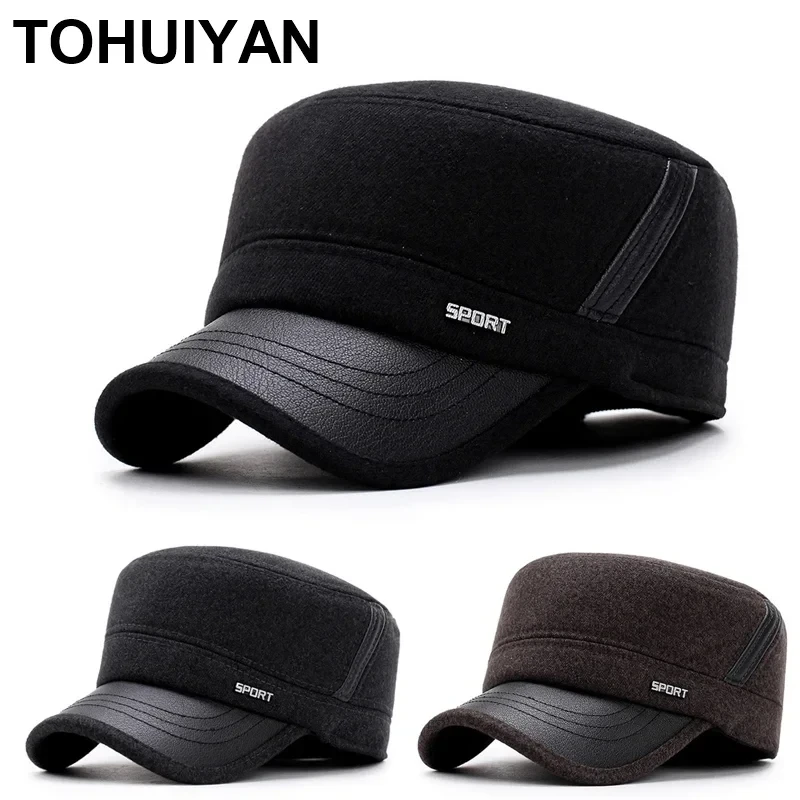TOHUIYAN Classic Woolen Military Hat Vintage Flat Top Caps Winter Warm Earflap Hats Men Army Cap Fashion Adjustable Cadet Hats