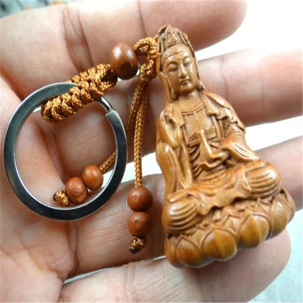 Natural wood mahogany three-dimensional engraving Guanyin barrel keychain Buddha key ring jewelry gift for men and women 1pc