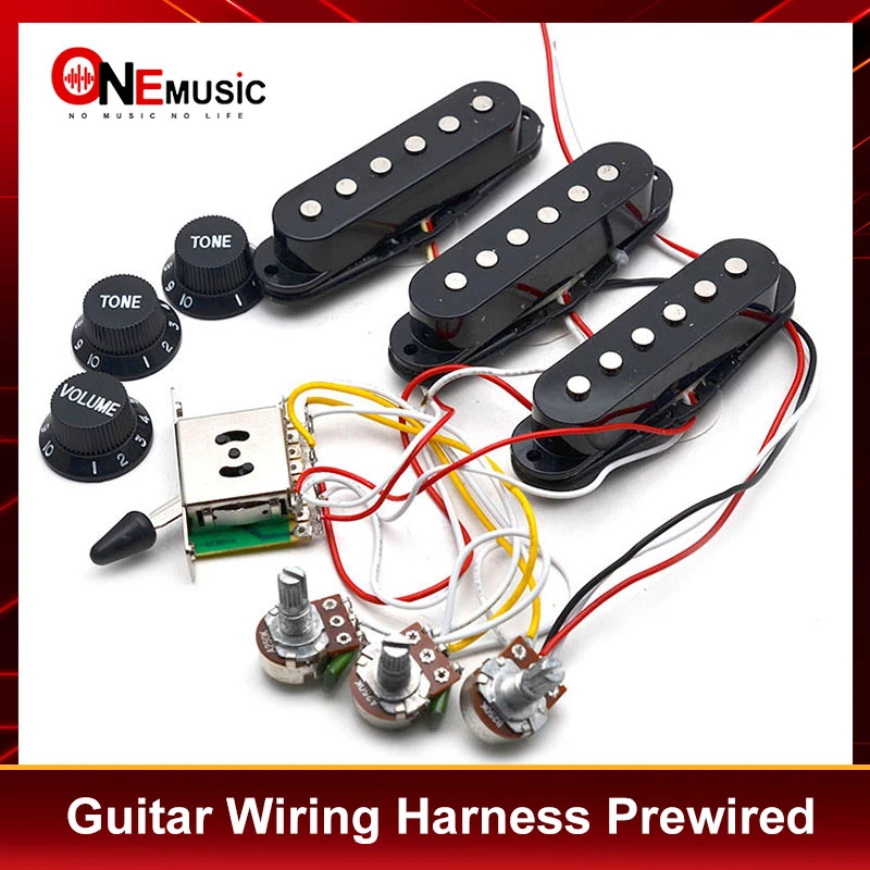 Electric Guitar Pickup Wiring Harness Prewired 5-way Switch 2T1V SSS Pickup for ST Electric Guitar Black-White