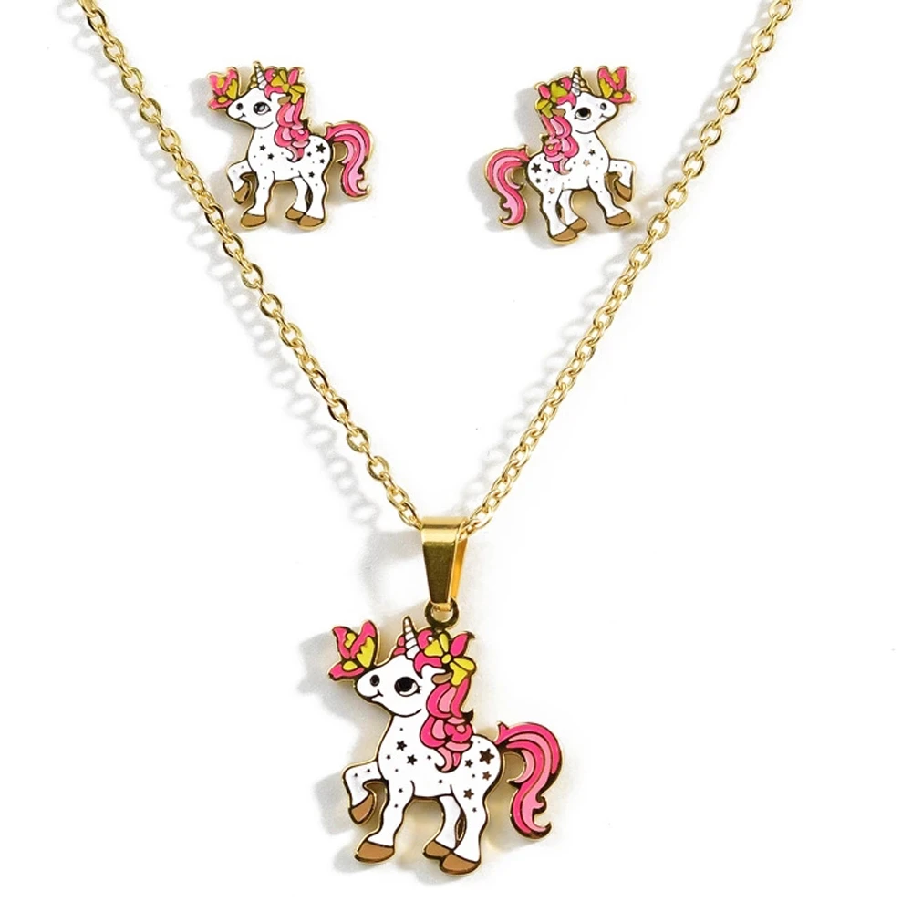 2021Cartoon Cute Pink Horse Unicorn Design Enamel Stainless Steel Gold Color Necklaces earring Set Fashion Jewelry Kids Gift
