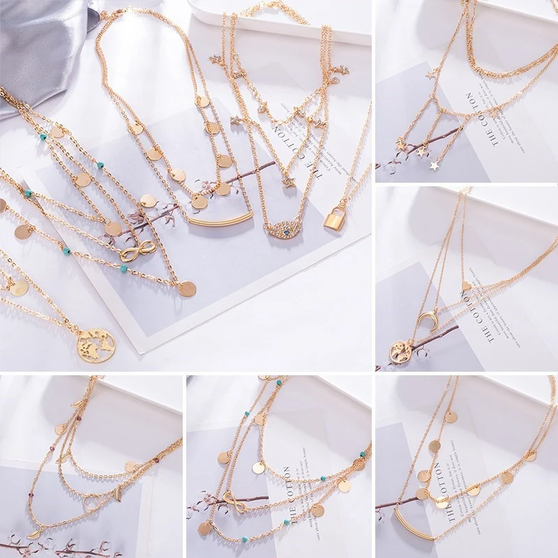 BICUX Vintage Pearl Necklaces For Women Multilayer Chain Crystal Moon Pendants Charm Gold Necklaces 2020 Bohemian Choker Jewelry