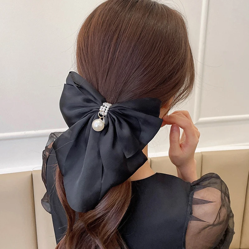 New Oversize Bowknot Pearl Barrettes Net Yarn Hairpins Women Houndstooth Hair Clips Ribbon Hair Clips Ponytail Hair Accessories