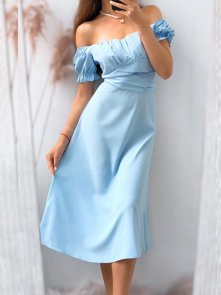 Women Dress Summer 2021 New Solid-colored Simple One-word Shoulder-length Dress Slash Neck Puff Sleeve Dresses Chiffon Dress