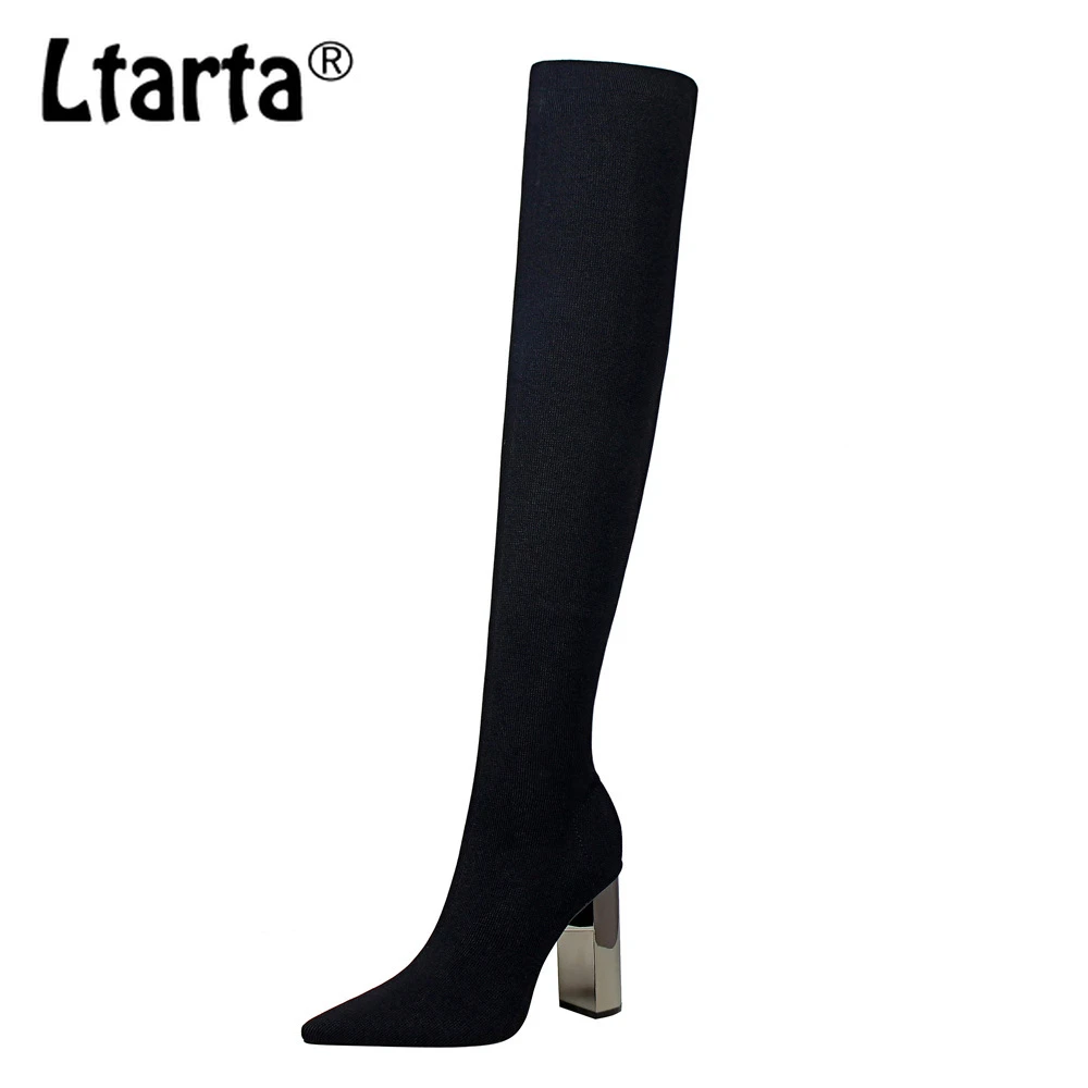 LTARTA 2021 Woman Long Boots Knee High Boots Square  Metal Heel High Heeled Pointy Sexy elasticity Thin Wool Boots. DS