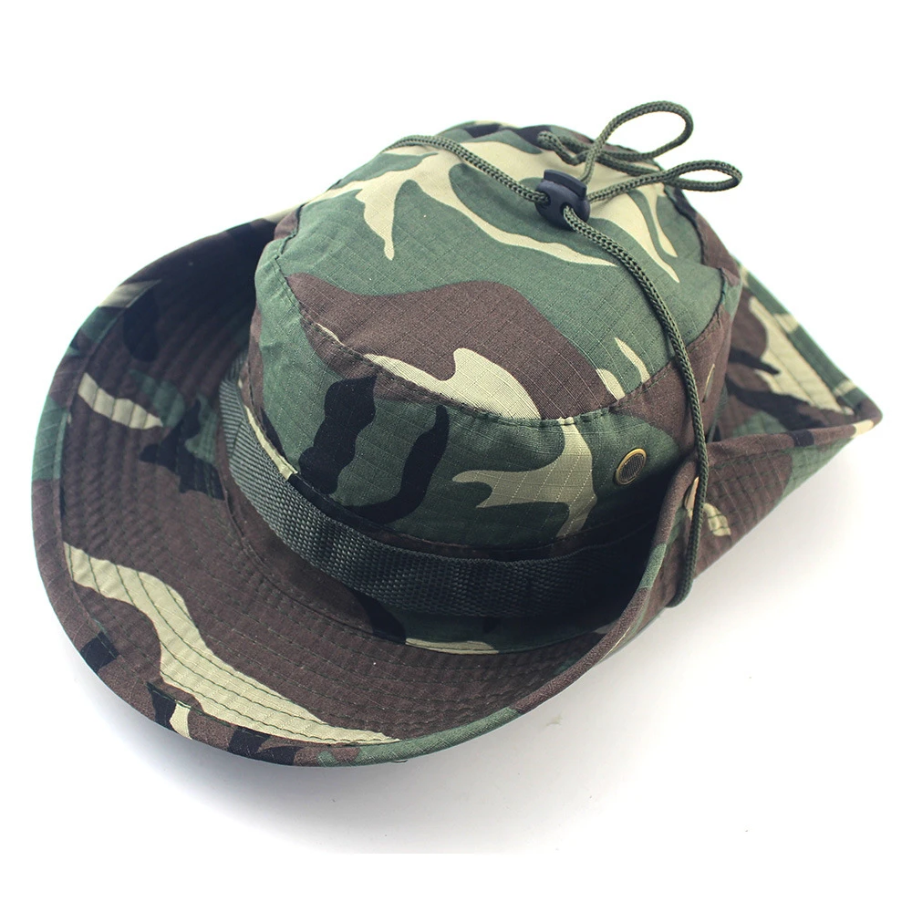 Men Women Sports Boonie Washed Cotton Twill Chin Cord Military Camouflage Hunting Hat Travel Sun Cap Bucket Style Fisherman Hats