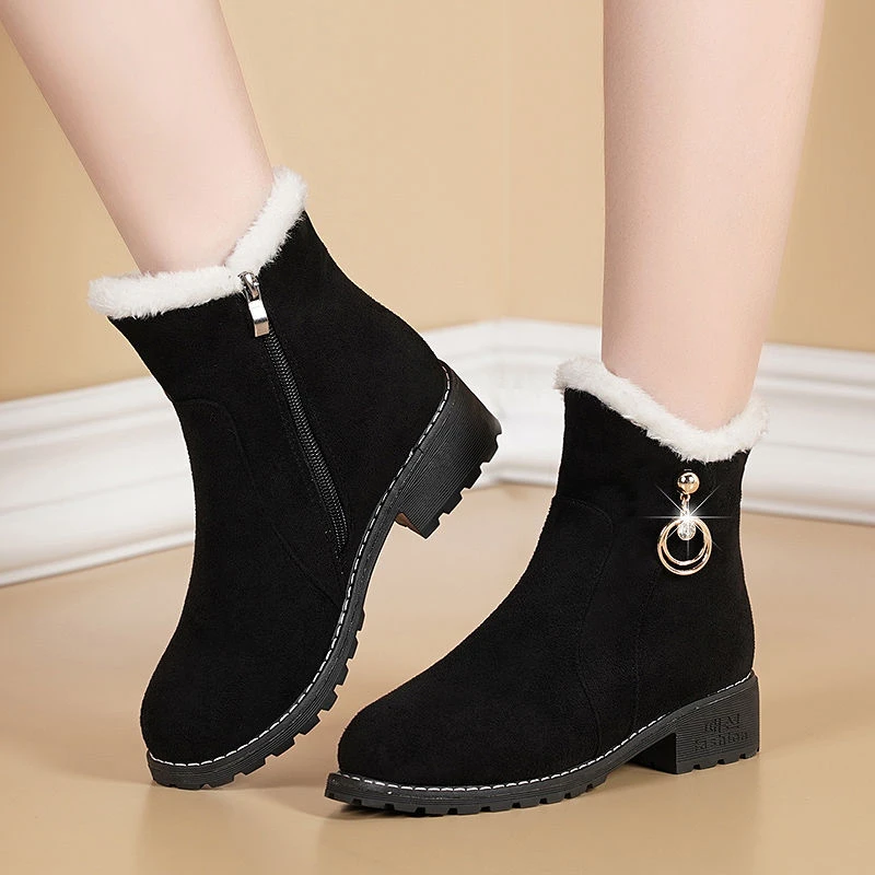 New Women Boots Winter Outdoor Keep Warm Fur Boots Waterproof Women's Snow Boots Thick Heel with Round Head Short Boot