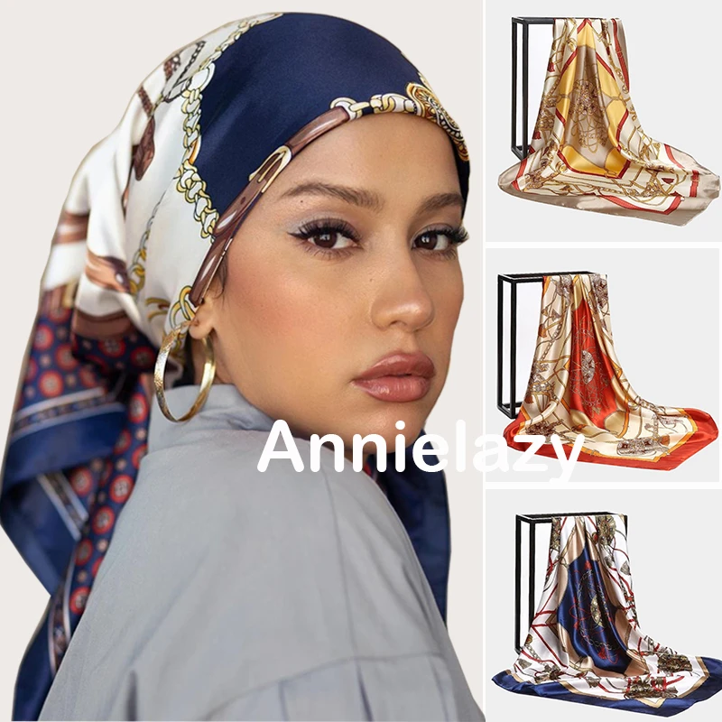 90*90cm Muslim Square Silk Scarf Women Chiffon Hijab Scarves Female Satin Print Shawls Wrap Hair Head Scarf Bandana Beach Pareo