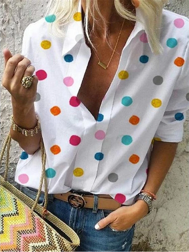 2020 New  Polka Dot  Blouse Women  Turn Down Collar Long Sleeve  Shirts  Plus Size  Clothes  Streetwear White Blouse  Women Xxl