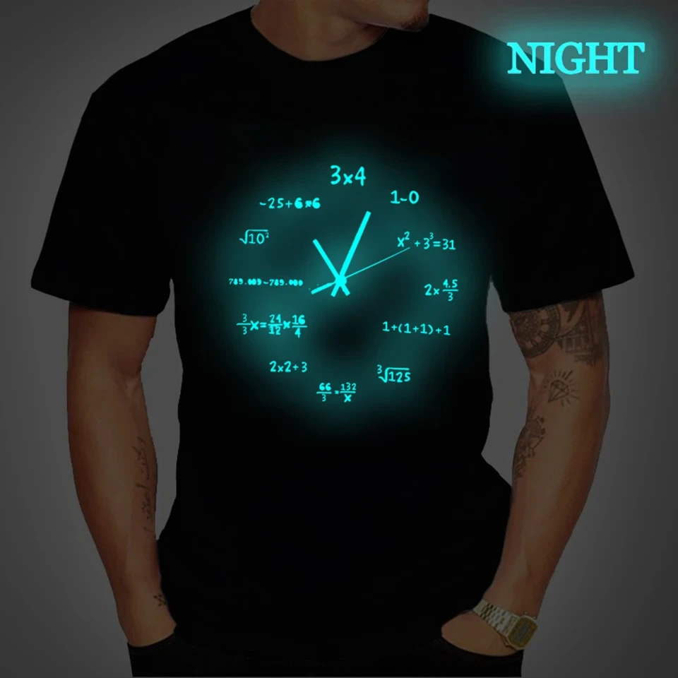 Summer Men T Shirt Luminous Math Clock Print Men's T-Shirt Fashion Brand Male Camiseta Mujer math Tops Tees Shirts Cotton Hombre