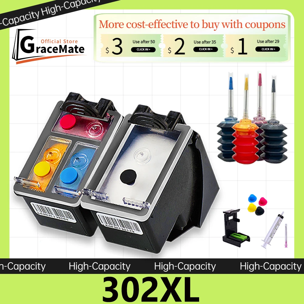GraceMate Compatible for HP 302 XL Ink Cartridge Deskjet 2130 2135 1110 3630 3632 3830 3831 3833 4650 4654 4657 4510 Printer