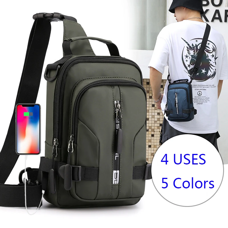Men Nylon Small Backpack Rucksack Cross Body Shoulder Bag with USB Charging Port Travel Male Sling Side Messenger Chest Bag Pack