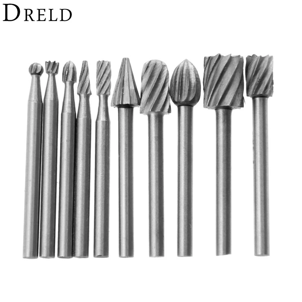 10Pcs 1/8 HSS Routing Router Drill Bits Set for Dremel Carbide Rotary Burrs Tools Wood Stone Metal Root Carving Milling Cutter