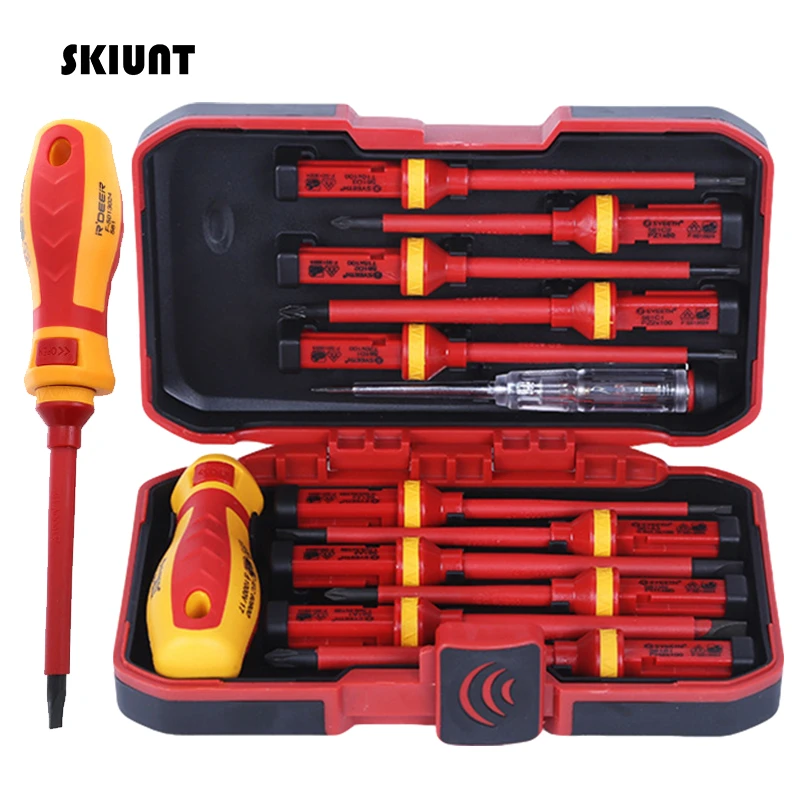 SKIUNT 13/Pcs VDE Insulated Screwdriver Set 1000V Slotted Phillips Screw Driver Bits Kit With Tester Pen Electricians Hand Tools