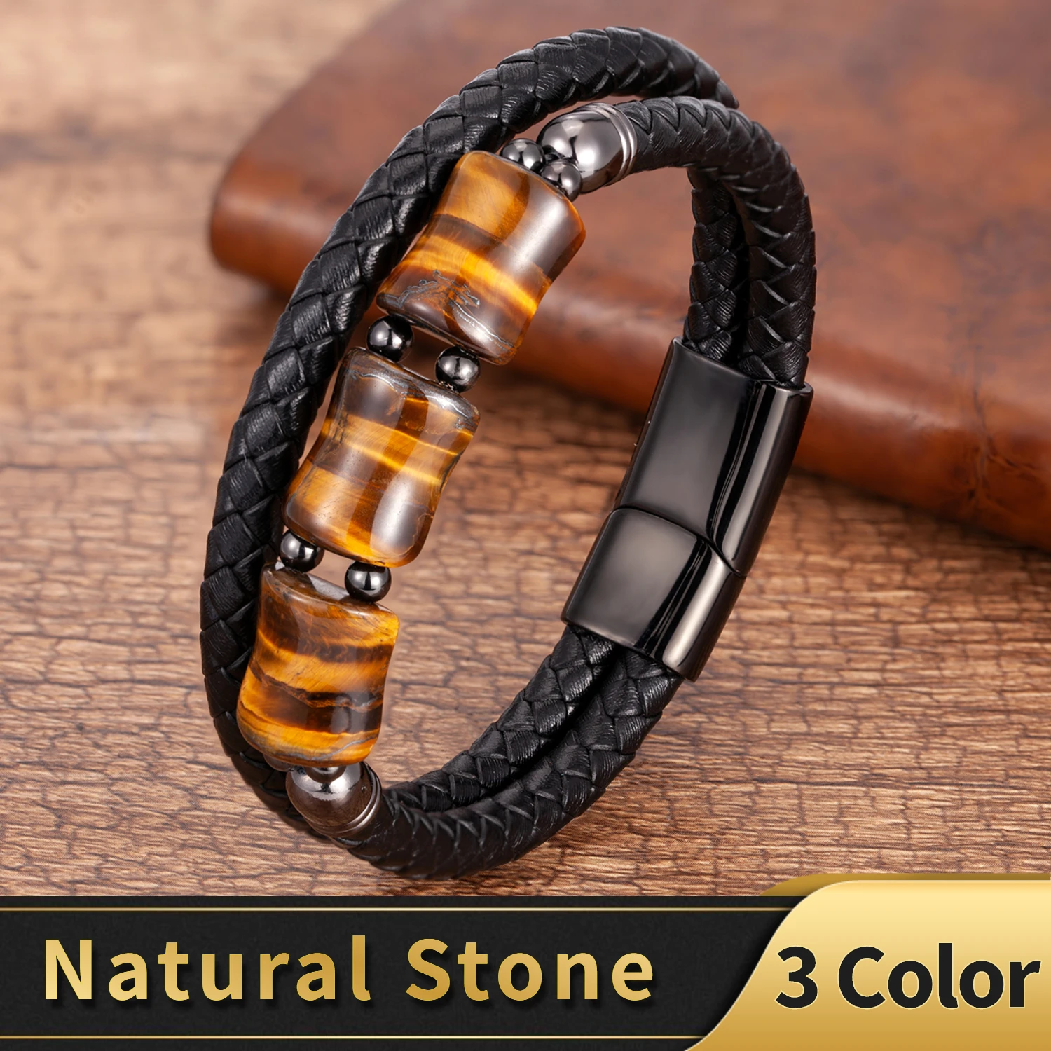 Natural Tiger Eye Bracelet Men's Jewelry Stainless Steel Magnetic Clasp Black Multilayer Genuine Leather Bracelets For Men Gifts