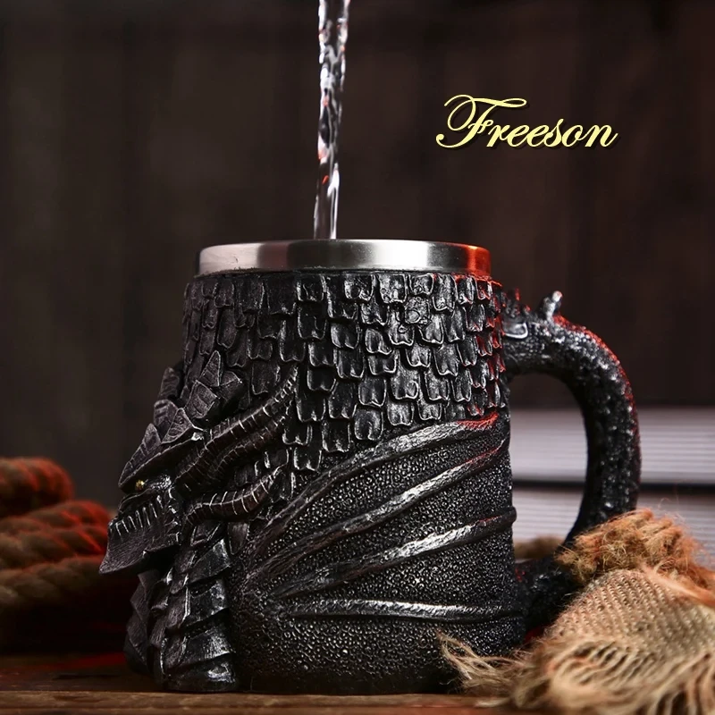 Medieval Dragon Resin Stainless Steel Beer Mug 600ml Retro Tankard Skull Coffee Cup Tea Mug Tumbler Pub Bar Decor Drop Shipping