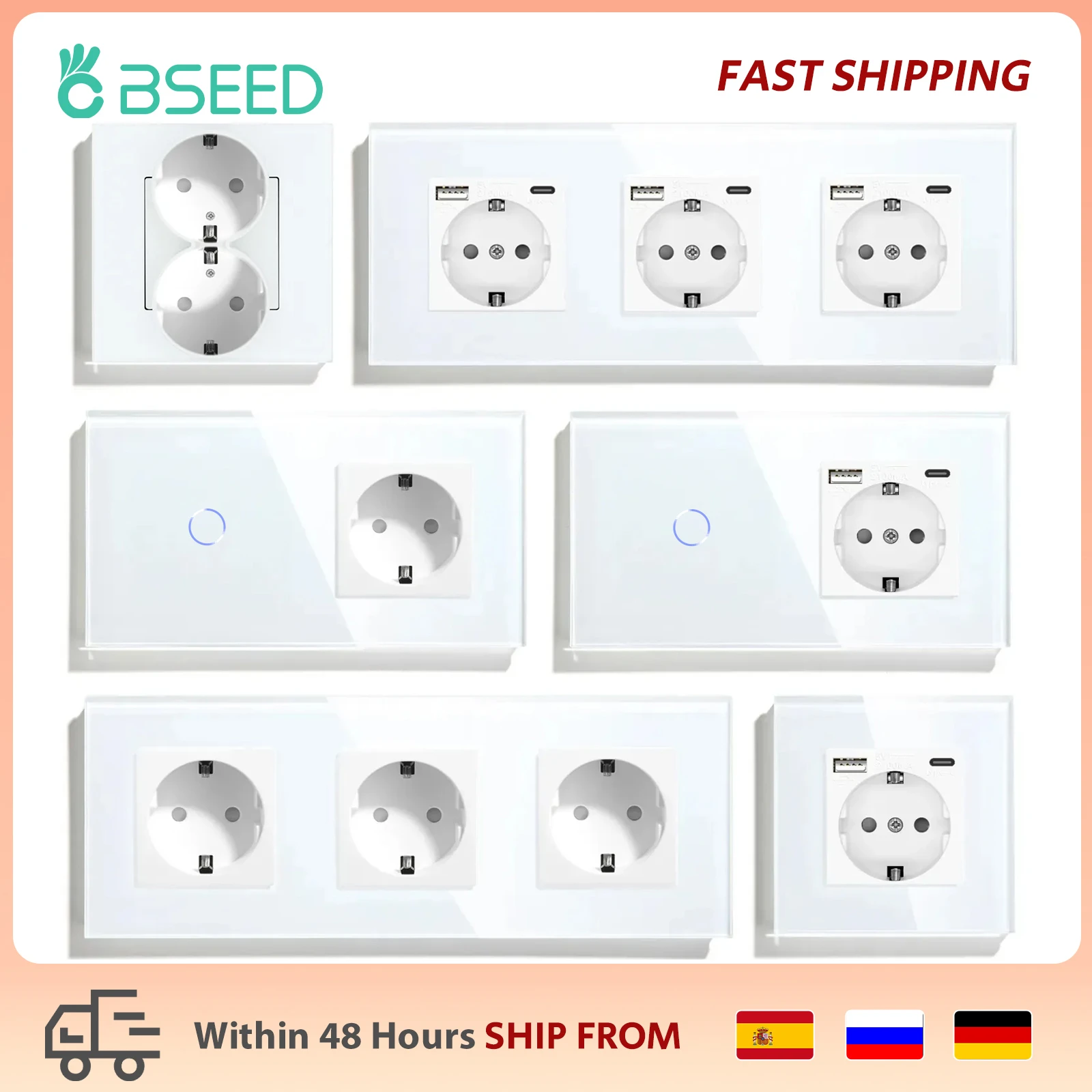 BSEED Touch Light Switch With EU Power Wall Sockets White Wall Led Switches 1/2/3Gang 1Way Crystal Glass Panel Dark Backlight