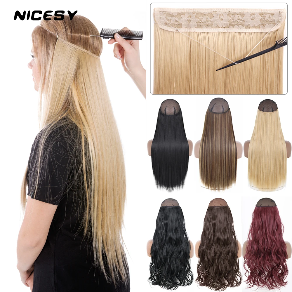NICESY No Clip Halo Hair Extension Ombre Synthetic Artificial Natural Fake False Long Short Straight Hairpiece Blonde For Women
