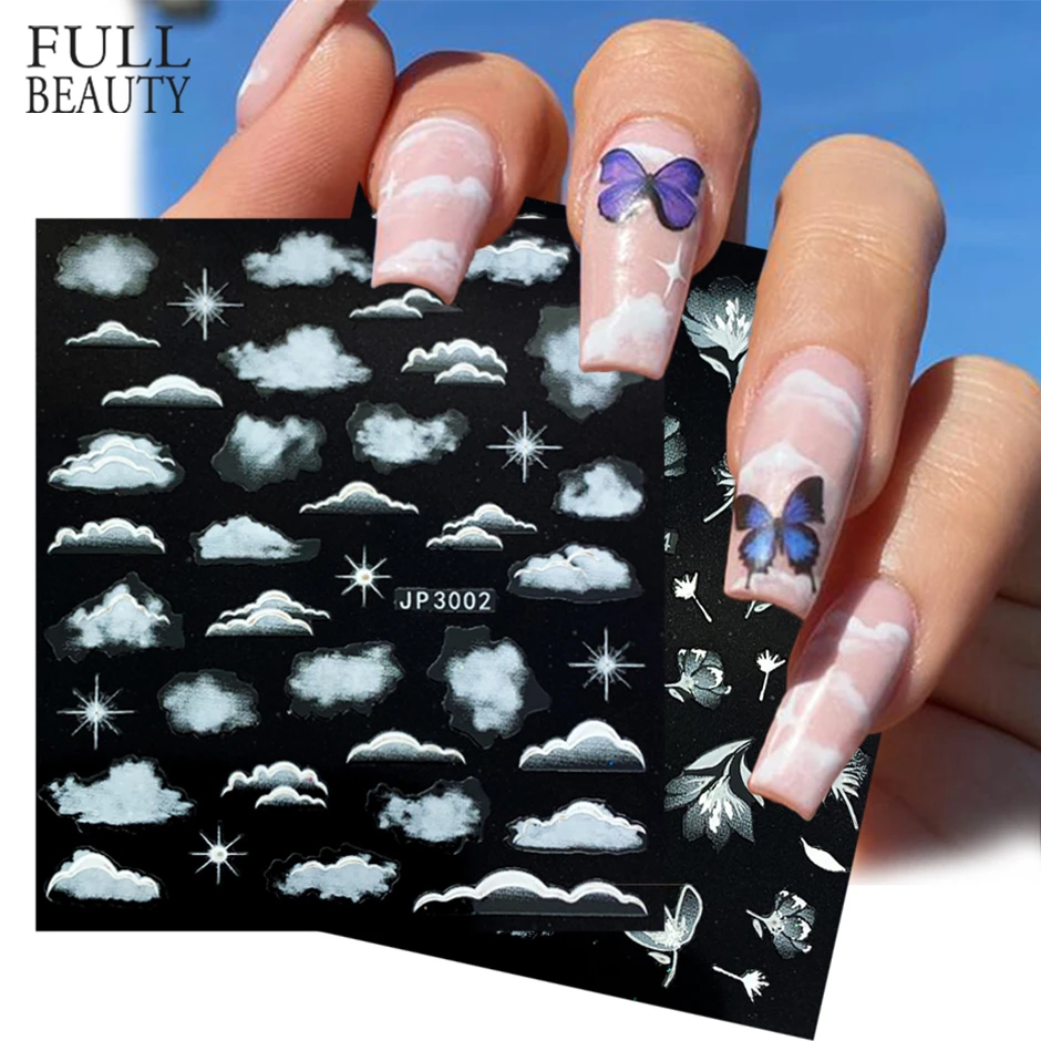 5D Sky White Cloud Stickers For Nail Decals Engraved Embossed Flowers Leaf Design Adhesive Slider Wraps Manicure CHJP3001-3018-1