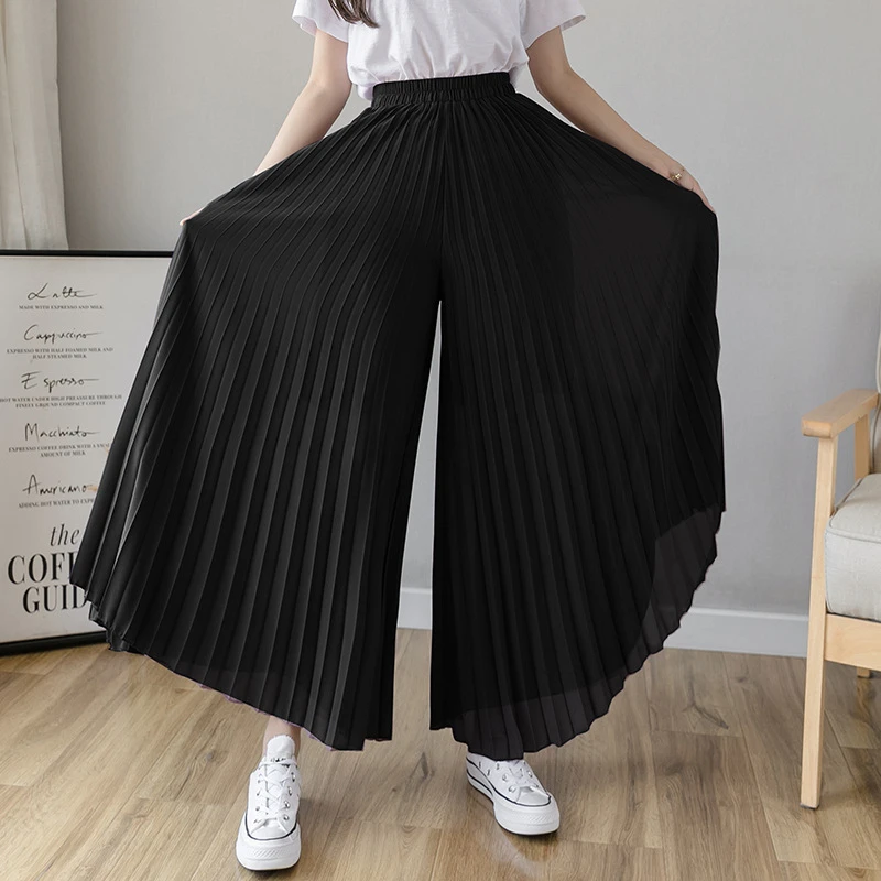 2021 Women Summer Autumn Pleated Loose Pants Fashion Female Chiffon Elastic Waist Skirt Pants Black Blue Wide Leg Pants Femme