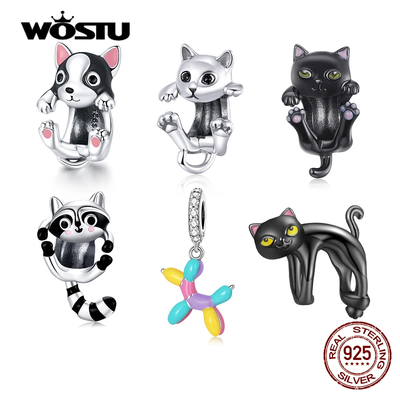 WOSTU 925 Sterling Silver Kitty Cat Charms Animal Beads Fit Original Bracelet DIY Necklace  Jewelry For Women CTC208