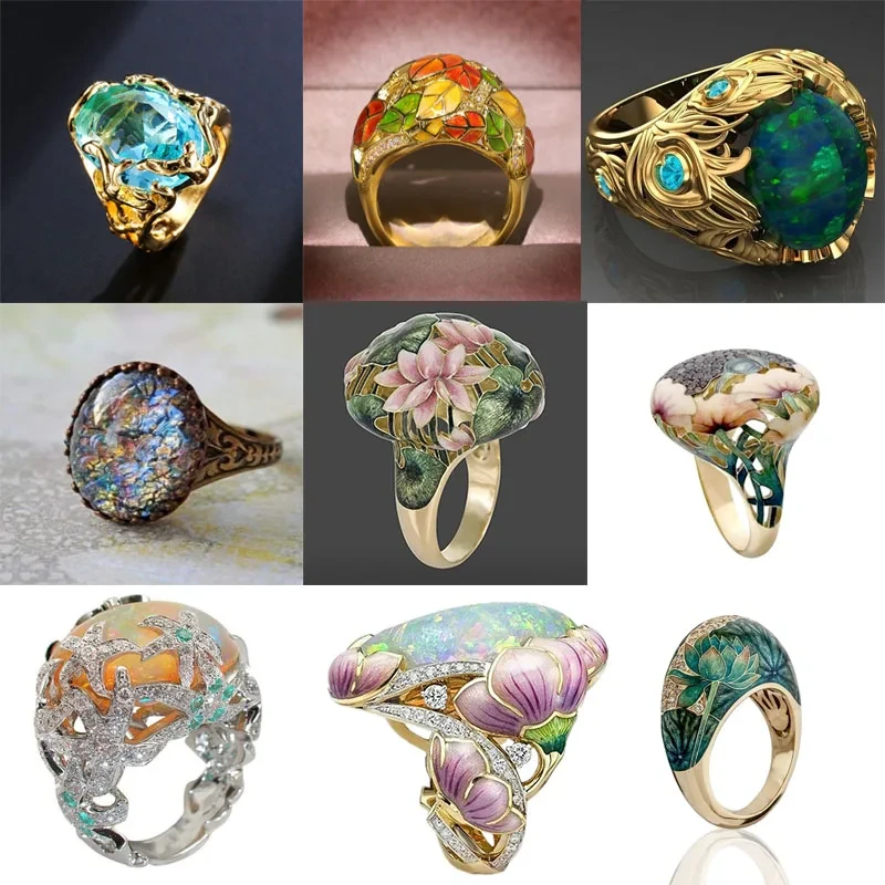 New Fashion Women Hot-selling Jewelry Golden Retro Style Hand-painted Oil Female Ring Jewelry