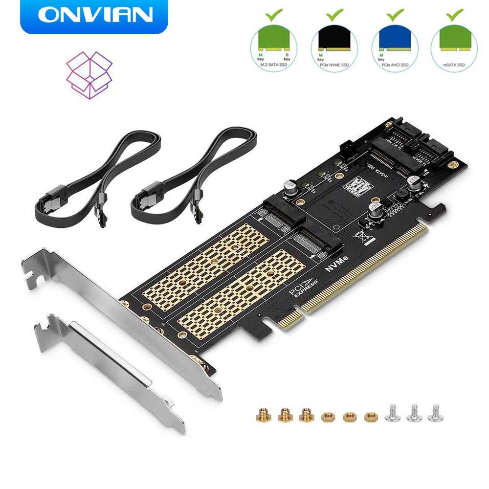 Onvian 3 in 1 NGFF and mSATA SSD Adapter Card M.2 NVME to PCIe 16X/M.2 SATA SSD to SATA III/mSATA to SATA Converter+2 SATA Cable