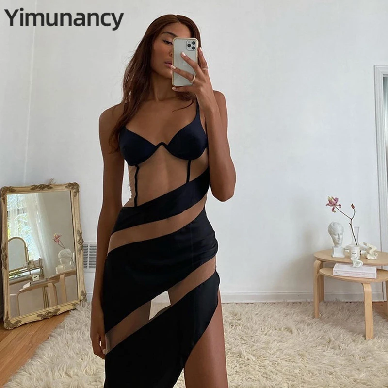 Yimunancy Spaghetti Strap Dress Women Transparent Mesh Patchwork Mesh Dress 2020 Ladies Summer Sexy Club Dresses Vestidos