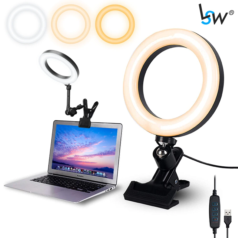 Selfie Ring Light for Laptop Computer Desktop Youtube, Ring Lamp Video Conference Lighting Kit With Tripod Phone Holder Clip On
