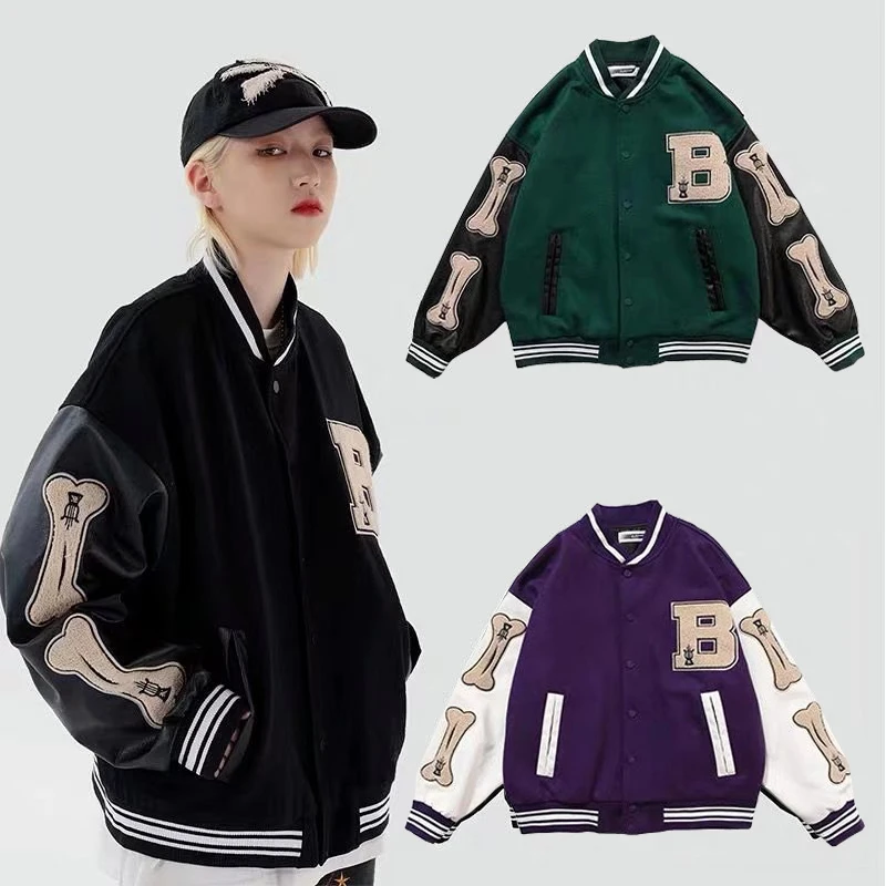 Mens Hip Hop Baseball Jacket Coats Embroidery Furry Bone Letter Patchwork Harajuku College Varsity Bomber Jacket Coat Oversize