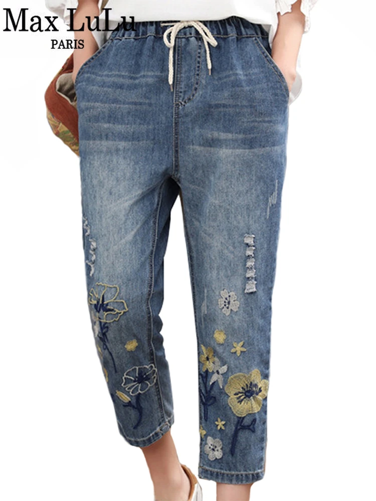 Max LuLu 2020 Chinese Summer Fashion Style Ladies Vintage Embroidery Jeans Women Casual Floral Denim Trousers Ripped Harem Pants