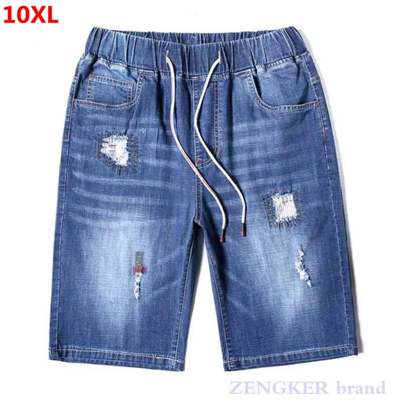 Large size men's summer new elastic waist brand hole denim shorts elastic plus size shorts men  6xl 7xl 9xl 10xl