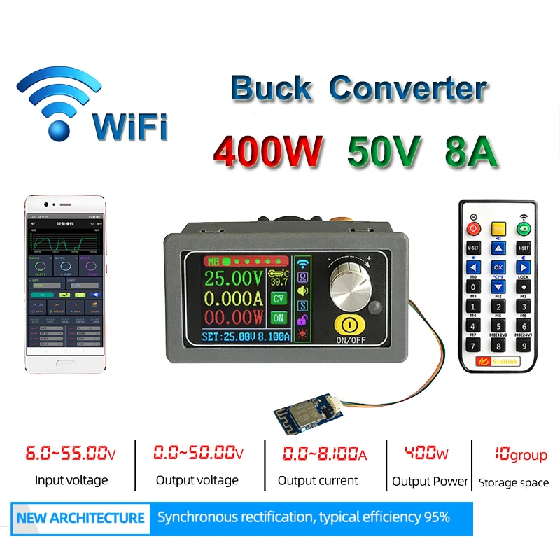 400W 50V 8A Variable DC DC Buck Converter CC CV Adjustable Power Supply Module Laboratory Step-Down Voltage Regulator WIFI APP