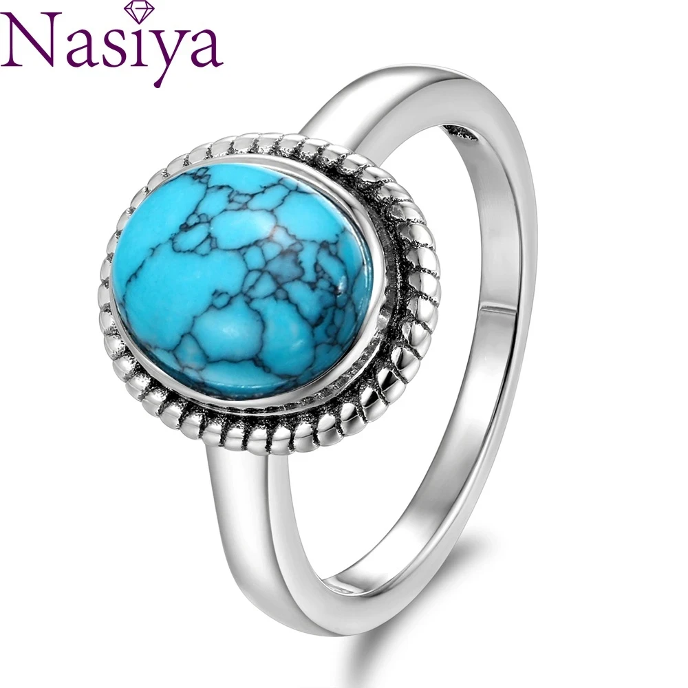 New Fashion 8x10 MM Oval Natural Turquoise Rings Women's 925 Silver Ring Vintage Fine Jewelry for Anniversary Gifts Wholesale