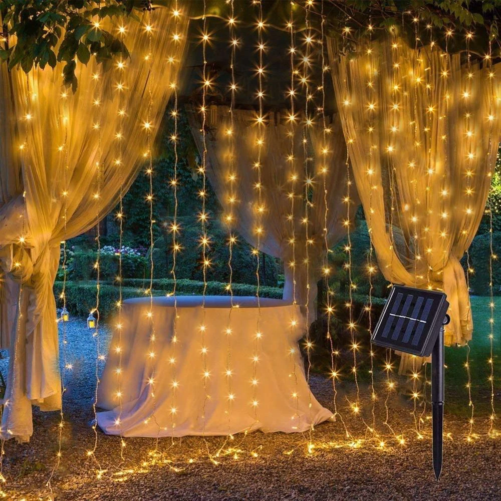 Solar Lamp LED String Lights Outdoor 3x3m 300LED Fairy Curtain Lights for Window Christmas Party Garden Garland Holiday Lighting