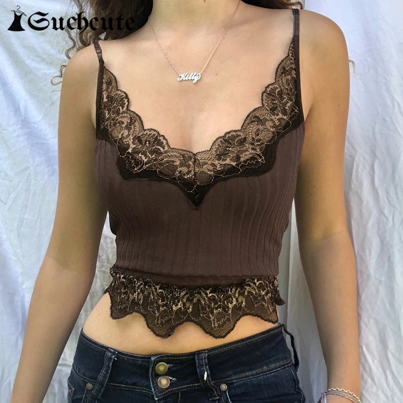 SUCHCUTE Goth Aesthetic Lace Patchwork Tank Tops For Women Sexy V-Neck Brown Retro Crop Tops Summer  Fashion Casual Camisole